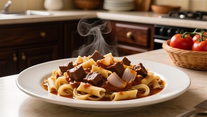 A steaming plate of beef pasta on a kitchen counter with tomatoes in the background