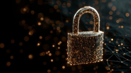 Glowing digital padlock illustration against a dark backdrop with interconnected dots, symbolizing network security and data protection