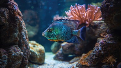 Aquarium tank housing triggerfish, designed for educational marine display