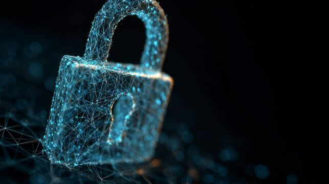 A glowing, intricate digital padlock is presented against a dark backdrop, symbolizing security and protection - Powered by Adobe