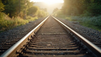 Fototapeta premium Railroad tracks on gravel with sunlight in the background, focusing on transportation safety, Earth Day