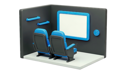 3D Rendering of a Mini Cinema with Two Blue Seats and a Screen