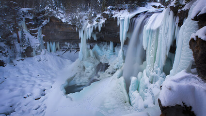 The majestic winter scene of a partially frozen waterfall cascading down icy cliffs