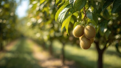 Young kiwi plant with developing fruit on a trellis, agricultural practices, International Agriculture Day