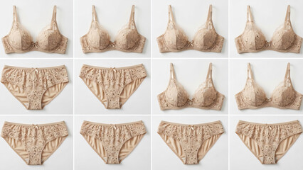 Collection of Beige Bras and Panties on White Background.