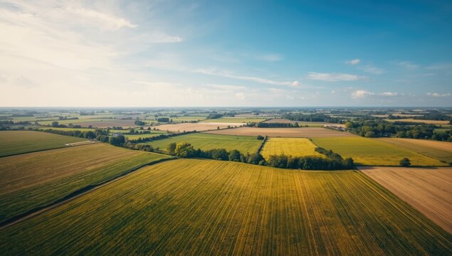 Drone shot of cultivated land areas in Schleswig Holstein, highlighting farming practices, International Farm Workers Day