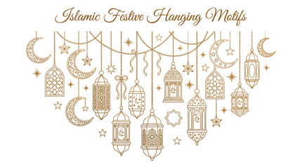 Elegant Islamic Festive Hanging Motifs Vector Design for Ramadan Eid Celebrations | Gold Crescent Moon Lantern Star Ornaments | Islamic Holiday Decoration Clipart Vector