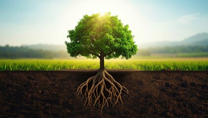 Logo design with a tree and dirt, emphasizing sustainability and natural growth