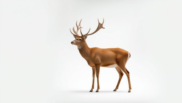 Single red deer, Cervus elaphus, male mammal in studio setting, highlighting herbivorous behavior
