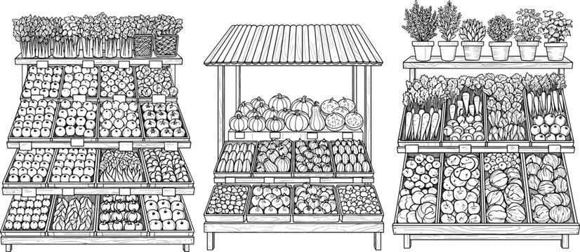 Detailed black and white line art vector of market stalls featuring fresh vegetables fruits and potted garden herbs
