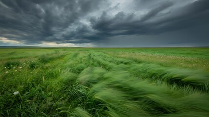 St patrick's day stormy weather landscape with green grass and dark clouds