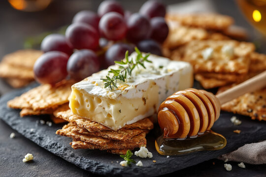 Miniature cheese board with crackers grapes honey dipper and knife on dark slate background