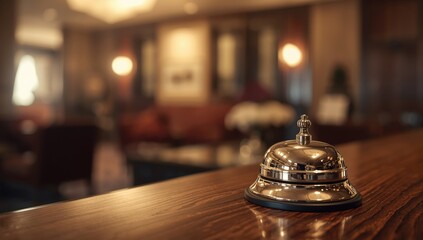 Desk bell on hotel reception counter guest check-in process, hospitality setting