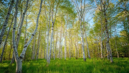 Obraz premium Birch forest backdrop with green spring foliage for text layout, seasonal change