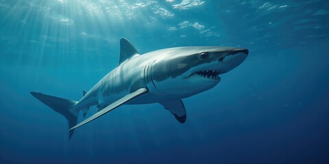 Fototapeta premium Large great white shark with open mouth, focusing on predation stance, Earth Day