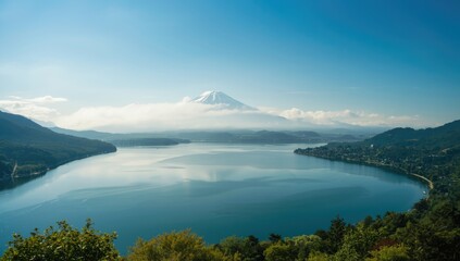 Scenic lakefront at Kawaguchi with Mount Fuji in the distance, ideal for landscape photography
