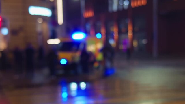 Urban emergency situation with police vehicle navigating wet roads and illuminating rescue response