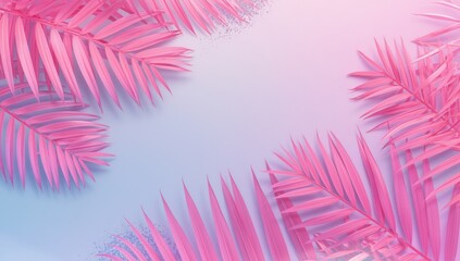 Minimal summer background featuring fluorescent pink tropical leaves in flat lay pastel neon colors, nature design