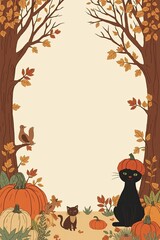 black cat in a hat surrounded by pumpkins