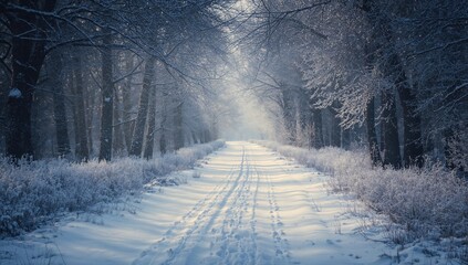 Obraz premium Snow-covered path surrounded by trees in a forest setting, used for hiking or nature walks during winter, seasonal change