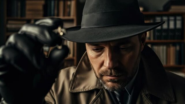 Mature Male Detective in Trench Coat and Fedora Hat Investigating a Mystery in a Vintage Library Setting with Intense Focus