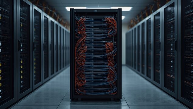 Rack cabinet filled with Ethernet cables and network switches, highlighting data center organization - Powered by Adobe