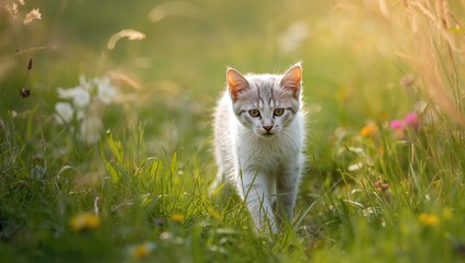 Domestic cat lying in a summer meadow, emphasizing outdoor relaxation and nature interaction