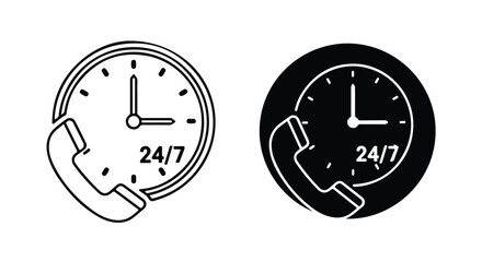 24/7 customer support icons - Black and White Vector Symbol, Minimal Solid Vector Illustration, Minimal UI Vector, Flat Solid Vector, Flat Vector Illustration, icon, Editable stroke icon, Modern icon