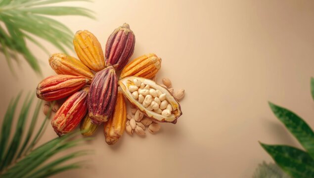 Cocoa pods and dried beans, illustrating fermentation process, suitable for agricultural workflow documentation