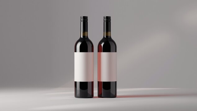 Pair of wine bottles placed against a gray backdrop serving as a UI background for text overlay, neutral tone
