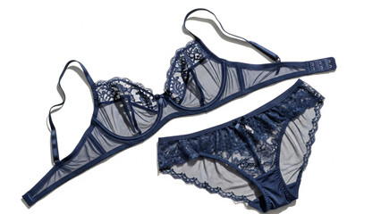 Navy Blue Lace Lingerie Set on White.