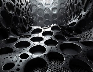 Metallic, undulating surface with circular perforations; abstract structure