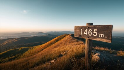 Mountain summit sign displaying 1465 meters elevation at Puy de Dome for terrain orientation