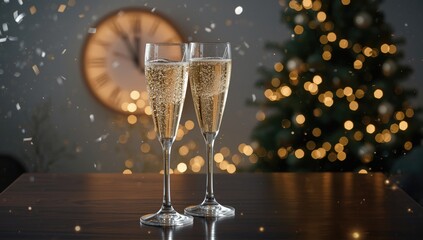 A pair of champagne flutes with sparkling wine on a celebratory table, holiday toast, New Year's Eve