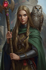 Obraz premium elf with a staff and an owl on her shoulder