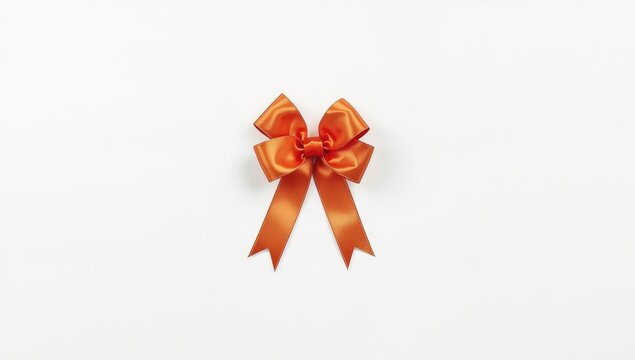 Orange satin bow with tails and ribbons on white background for festive gift wrapping, Christmas