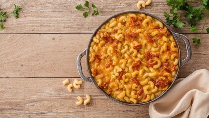 Oven-baked macaroni casserole with breadcrumb crust seen from top, suitable for editorial header backgrounds