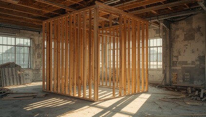 Interior of an empty structure with exposed framing, part of remodeling process building upgrade procedures