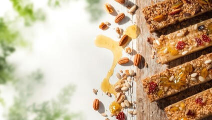 Museli, cereal, granola bars with honey, highlighting processed grains and added sugars for energy, Food and Nutrition Awareness Day