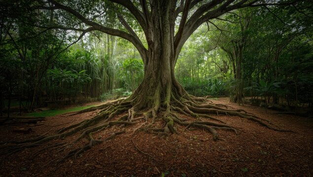 Ancient tree root in lush forest providing a textured backdrop for nature photography