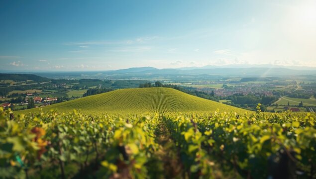 Vineyards and Zajeci village viewed from Pritlucka hora in South Moravia, rural landscape for land management