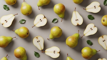 Elegant display of ripe pears and verdant leaves on a muted background