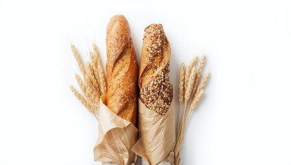 Overhead of two crusty baguettes with mixed seeds on paper, focusing on artisanal bread presentation, International Bakery Day