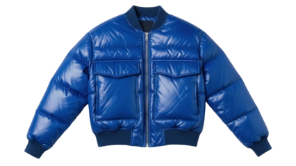 Isolated puffy bomber jacket made of shiny quilted fabric, front view, luxury fashion item