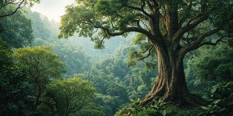 Dense jungle foliage as a natural background for text and layout design, tropical rainforest conservation awareness
