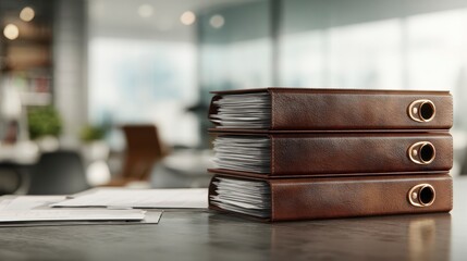 Close-up of three brown leather binders stacked on a desk, with documents and a blurry office background