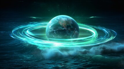 Earth with a radiant aura over rippling oceans, an ethereal display.