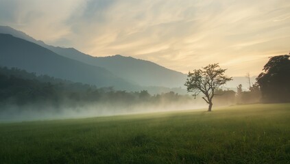 Mountain range shrouded in fog during dawn, ideal for landscape or travel imagery
