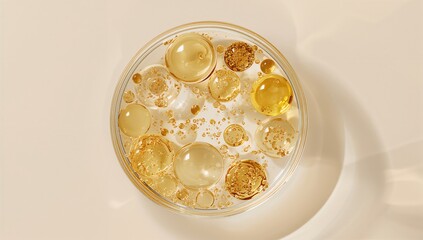 Top-down view of abstract oil circles and bubbles in a petri dish, suitable for scientific layout and data presentation