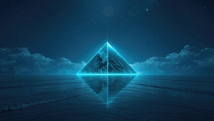 Dark ocean backdrop featuring a pyramid island, bitcoin icons, and lightning, illuminated by neon reflections, evoking a cyber fantasy setting